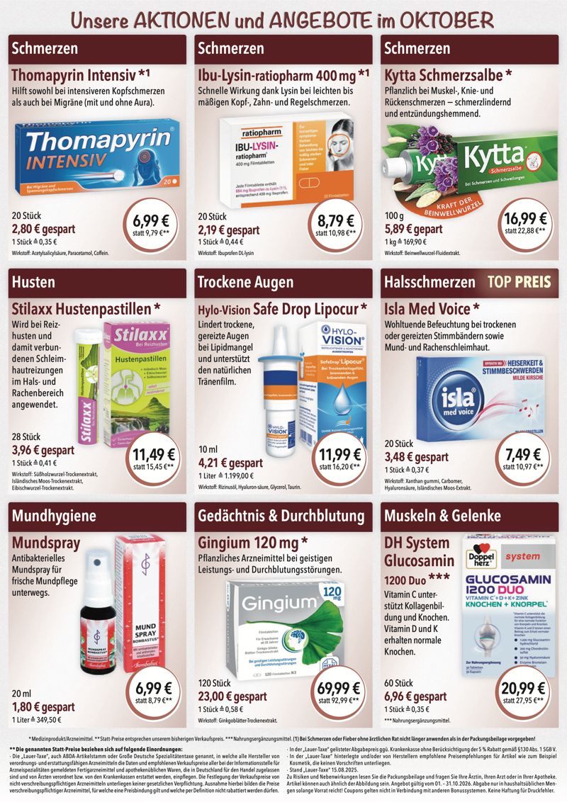 Monatlicher Angebotsflyer der Apotheke im Chinon Center mit Informationen zu Öffnungszeiten, Leistungen, Aktionen und wechselnden Produktangeboten aus Bereichen wie Gesundheit, Pflege und Selbstmedikation.